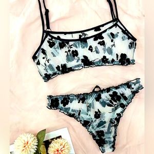 Floral Mesh Lingerie Set - Sheer black and white Tulle Bra and Panties NWOT